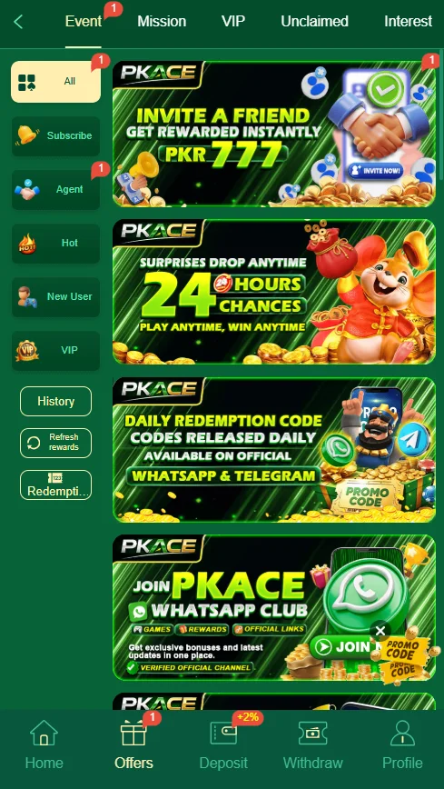 event and reward center in pkace game